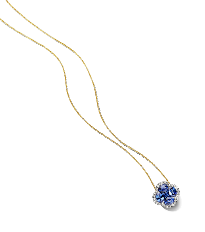 18krt geelgouden collier met blauw saffier 5-0.61 en diamant 24-0.09ct GSI | 42-45cm