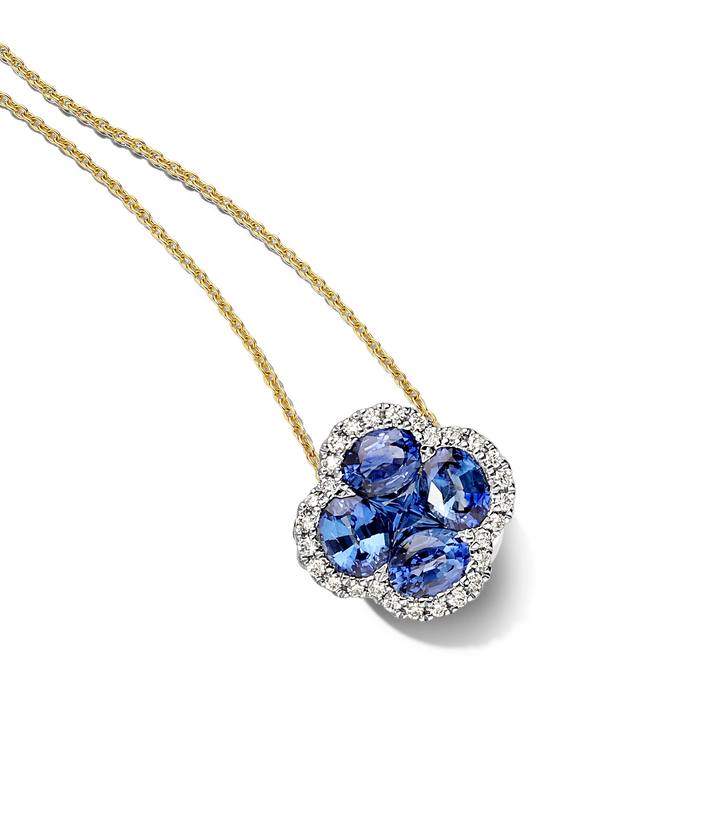 18krt geelgouden collier met blauw saffier 5-0.61 en diamant 24-0.09ct GSI | 42-45cm