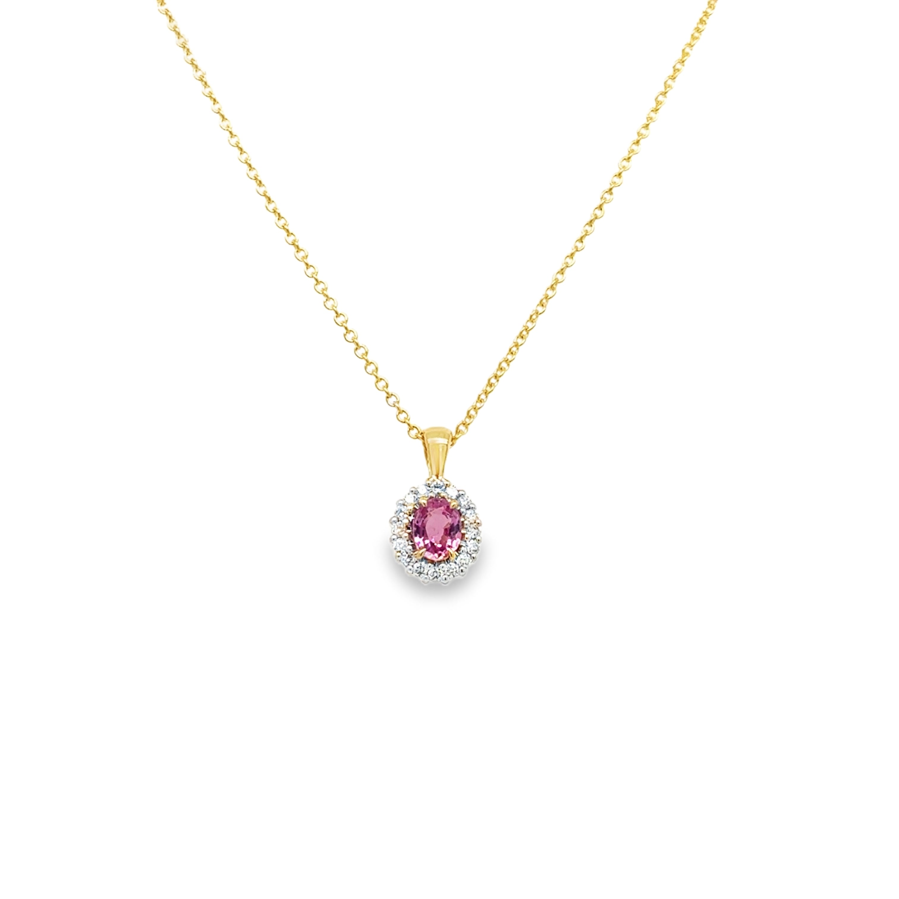 14krt geelgouden collier met 0.19 roze saffier en 16-0.07ct HSI briljant | 43-44-45cm