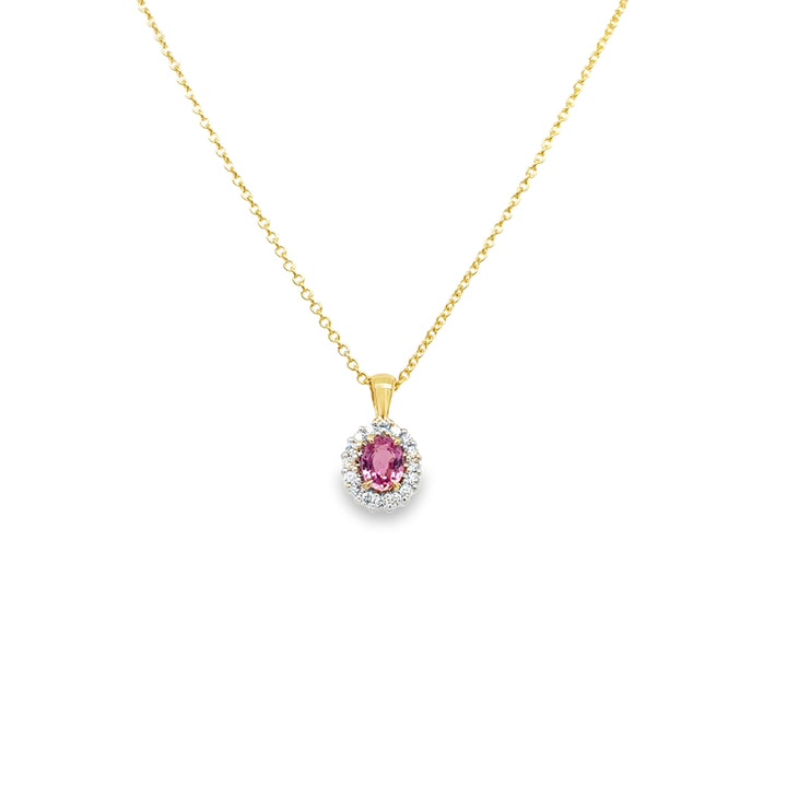 14krt geelgouden collier met 0.19 roze saffier en 16-0.07ct HSI briljant | 43-44-45cm