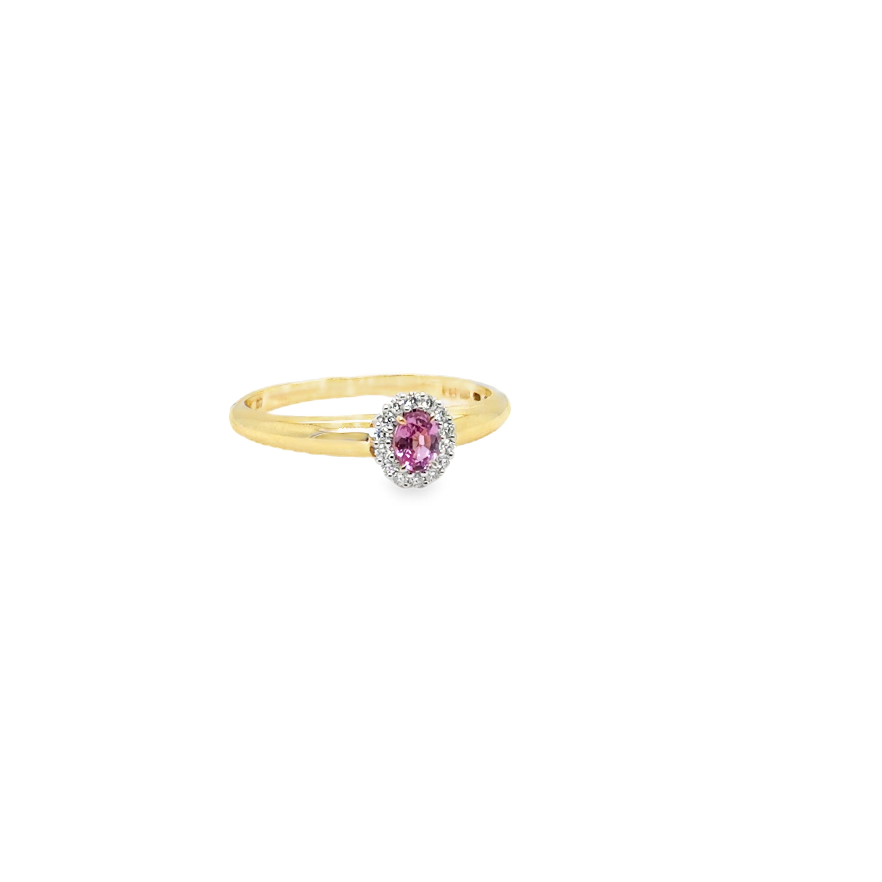 14krt geelgouden ring met 0.19 roze saffier en briljant 14-0.07ct HSI
