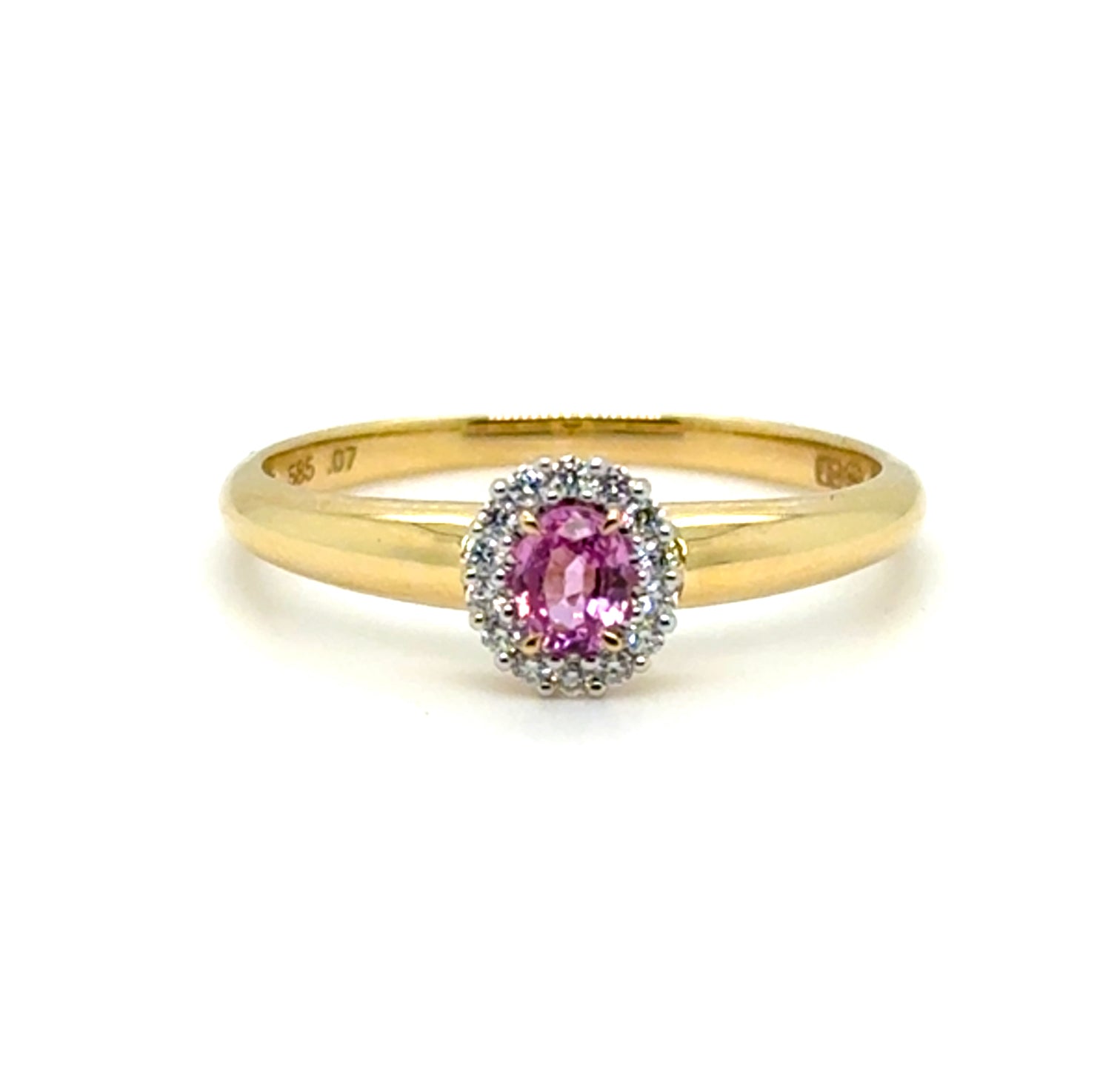 14krt geelgouden ring met 0.19 roze saffier en briljant 14-0.07ct HSI