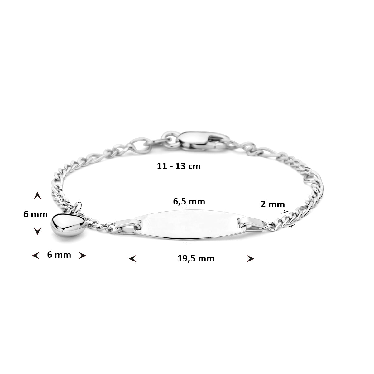 Zilveren graveerarmband figaro - hart 6,5mm x 19,5mm | 11-13cm