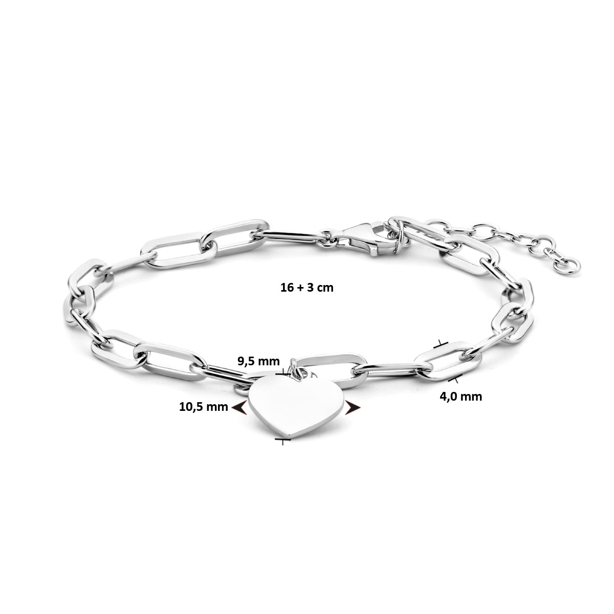 Zilveren armband hart paperclip platte buis 4mm | 16-19cm