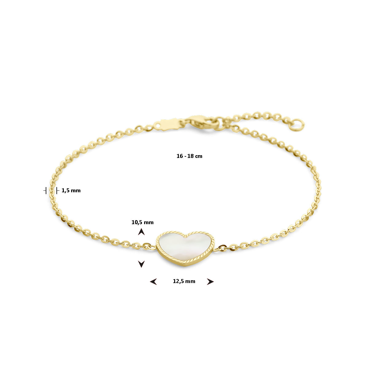 14krt geelgouden armband hart parelmoer 1,5mm  | 16-18 cm