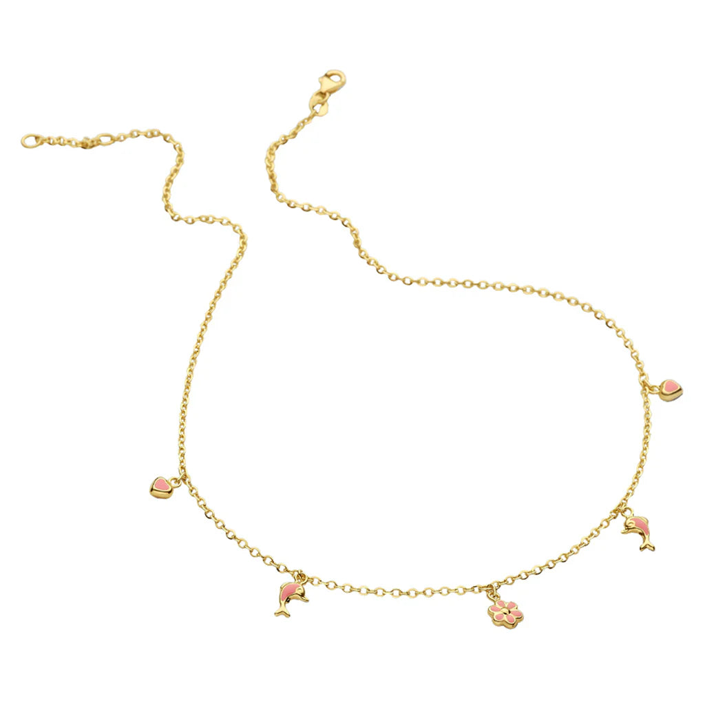 14krt geelgouden kindercollier anker 1.5mm met Bloem-, hart-, dolfijnhanger | 36+2cm