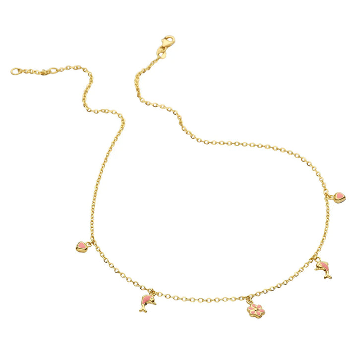 14krt geelgouden kindercollier anker 1.5mm met Bloem-, hart-, dolfijnhanger | 36+2cm