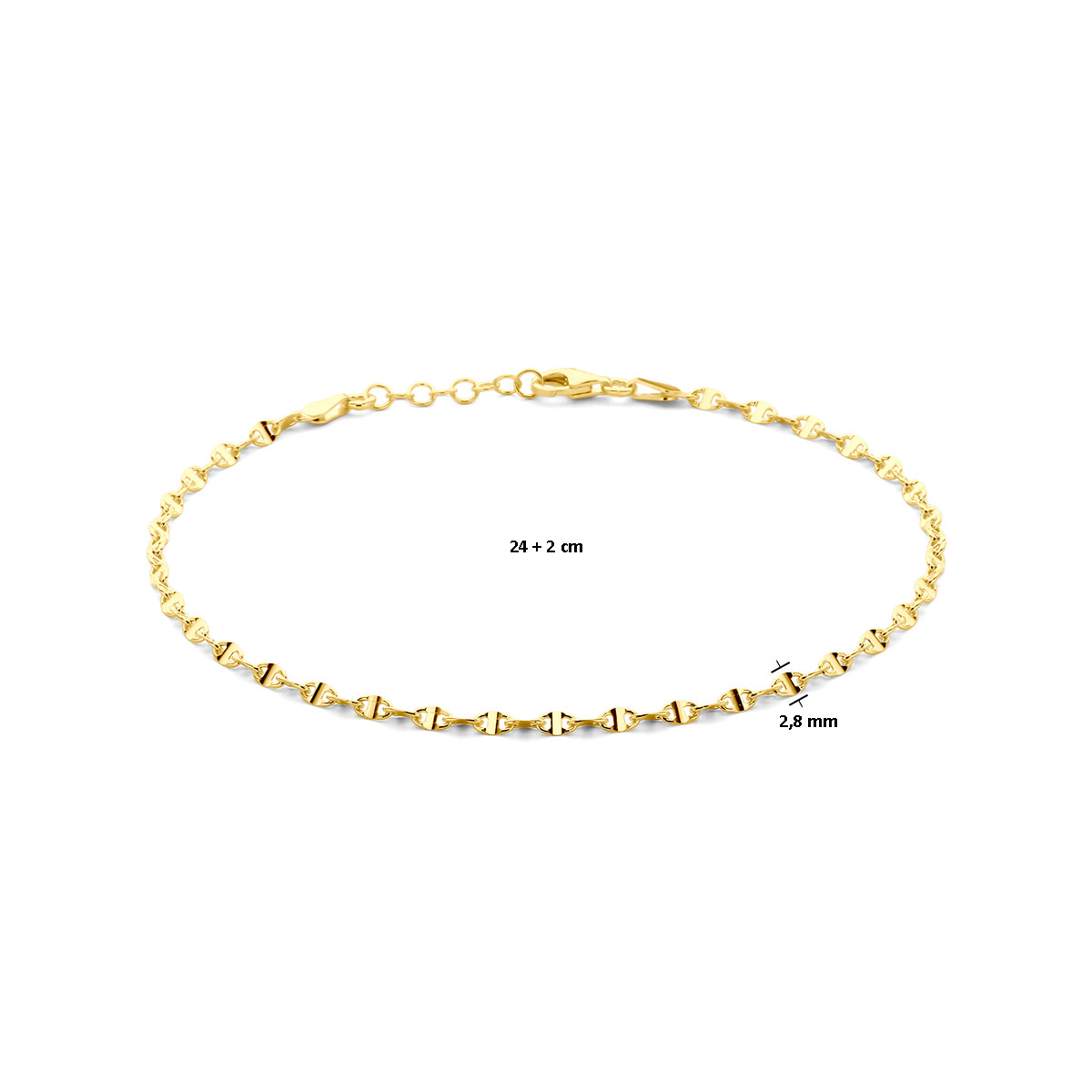 Zilver verguld enkelbandje koffieboon 2,8mm | 24-26 cm