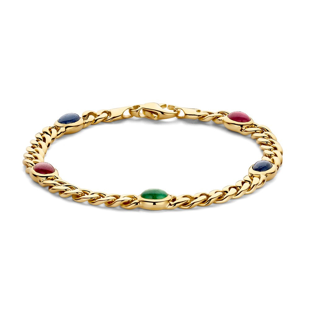 14krt geelgouden "maxima" armband met robijn, saffier en smaragd 8,5mm  | 19,5cm
