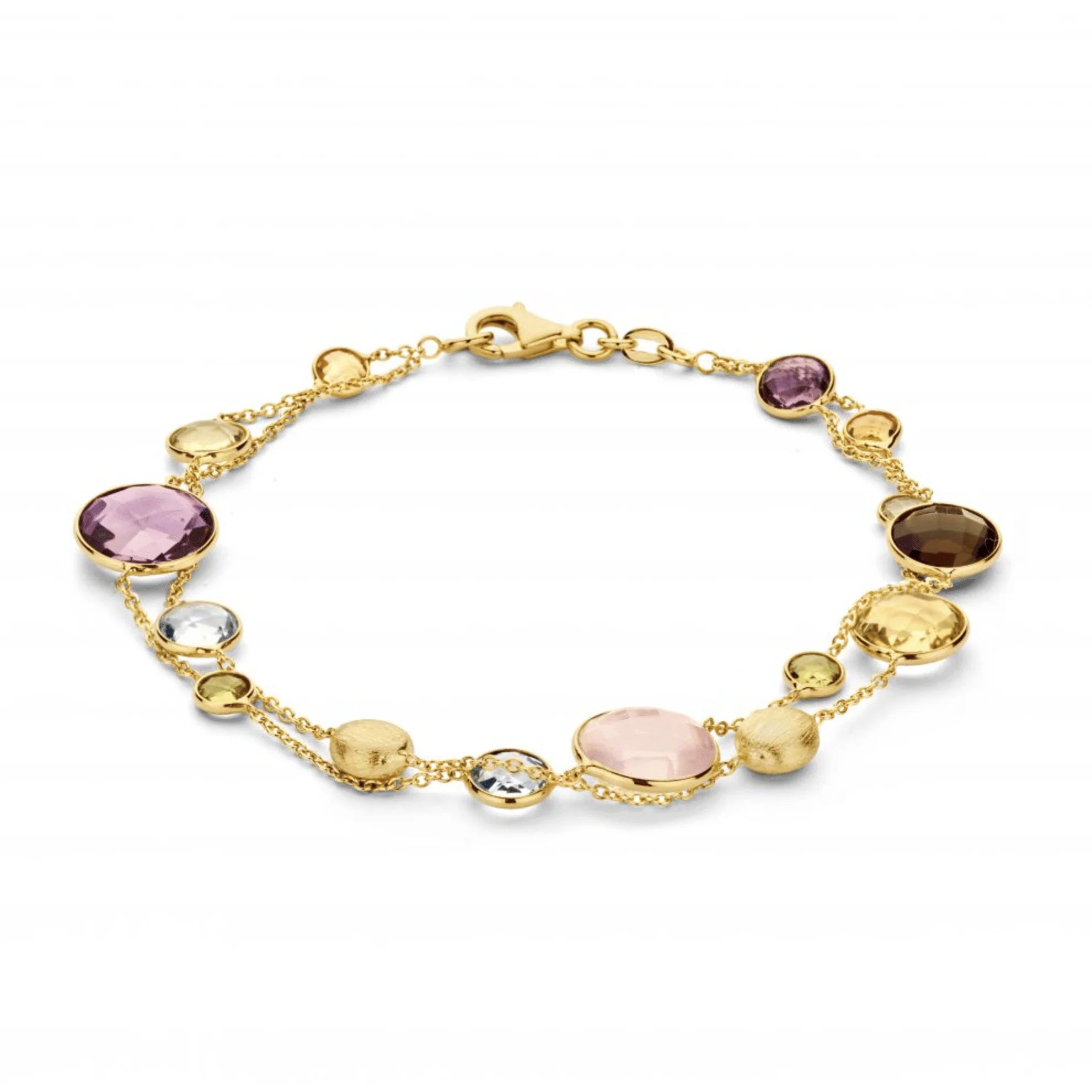 14krt geelgouden armband met citrien, amethist, rookkwarts en blauw topaas | 19cm