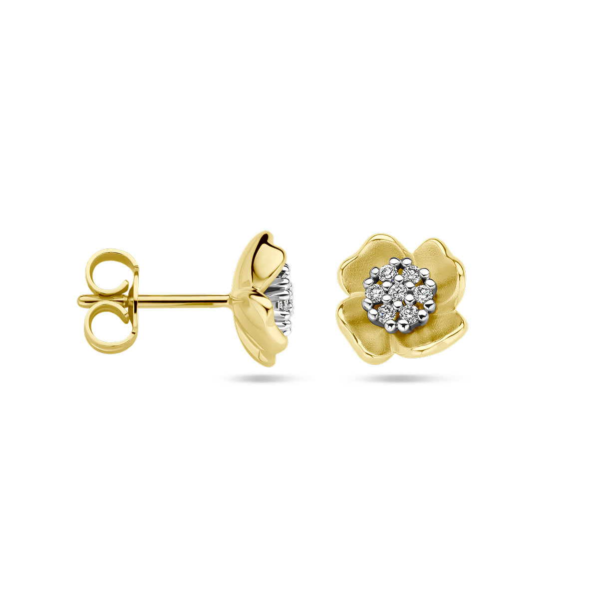 14krt bicolor gouden oorstekers "bloem" met diamant 2x0.05ct HSI