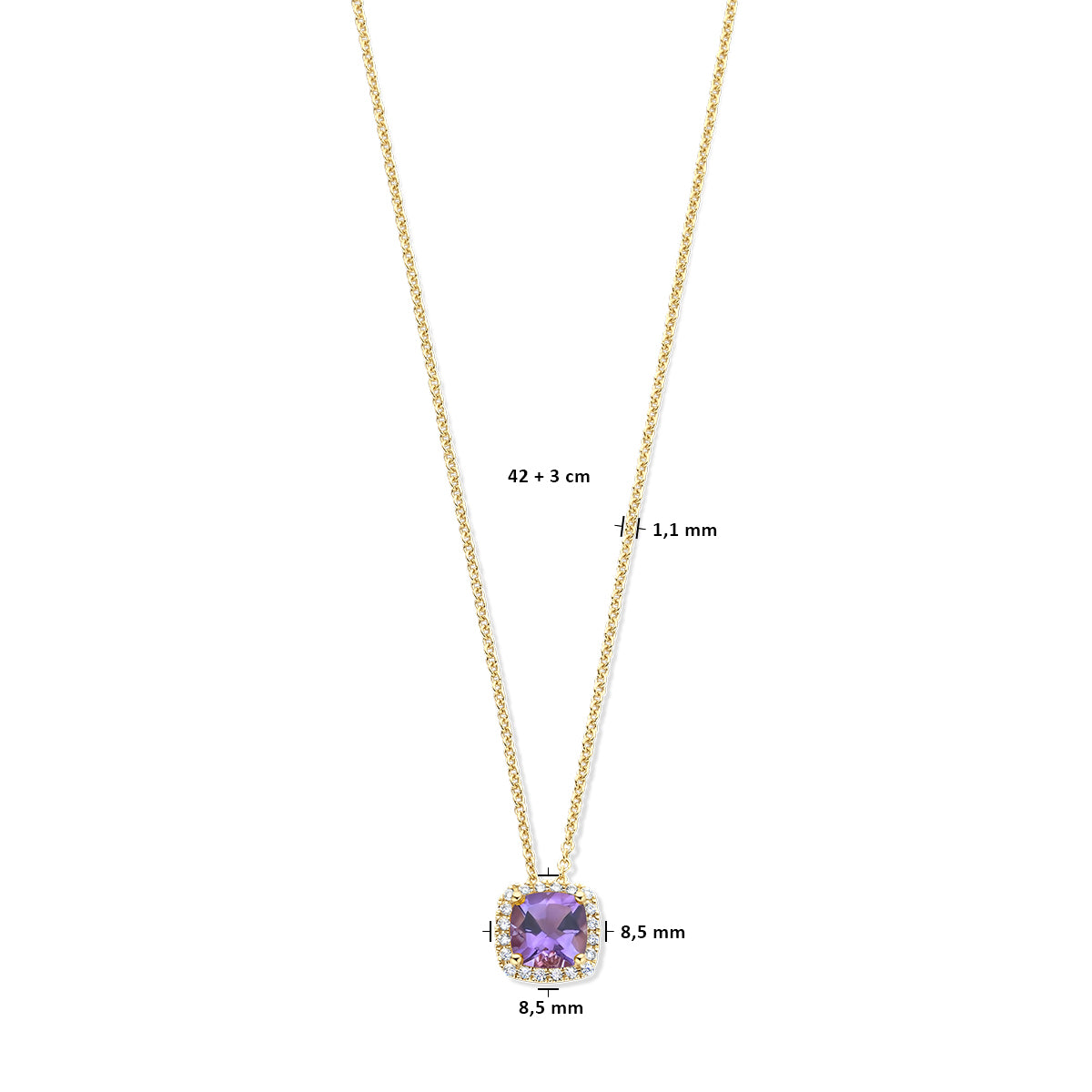 14krt geelgouden collier met amethist en diamant 0.15ct HSI | 42-45cm