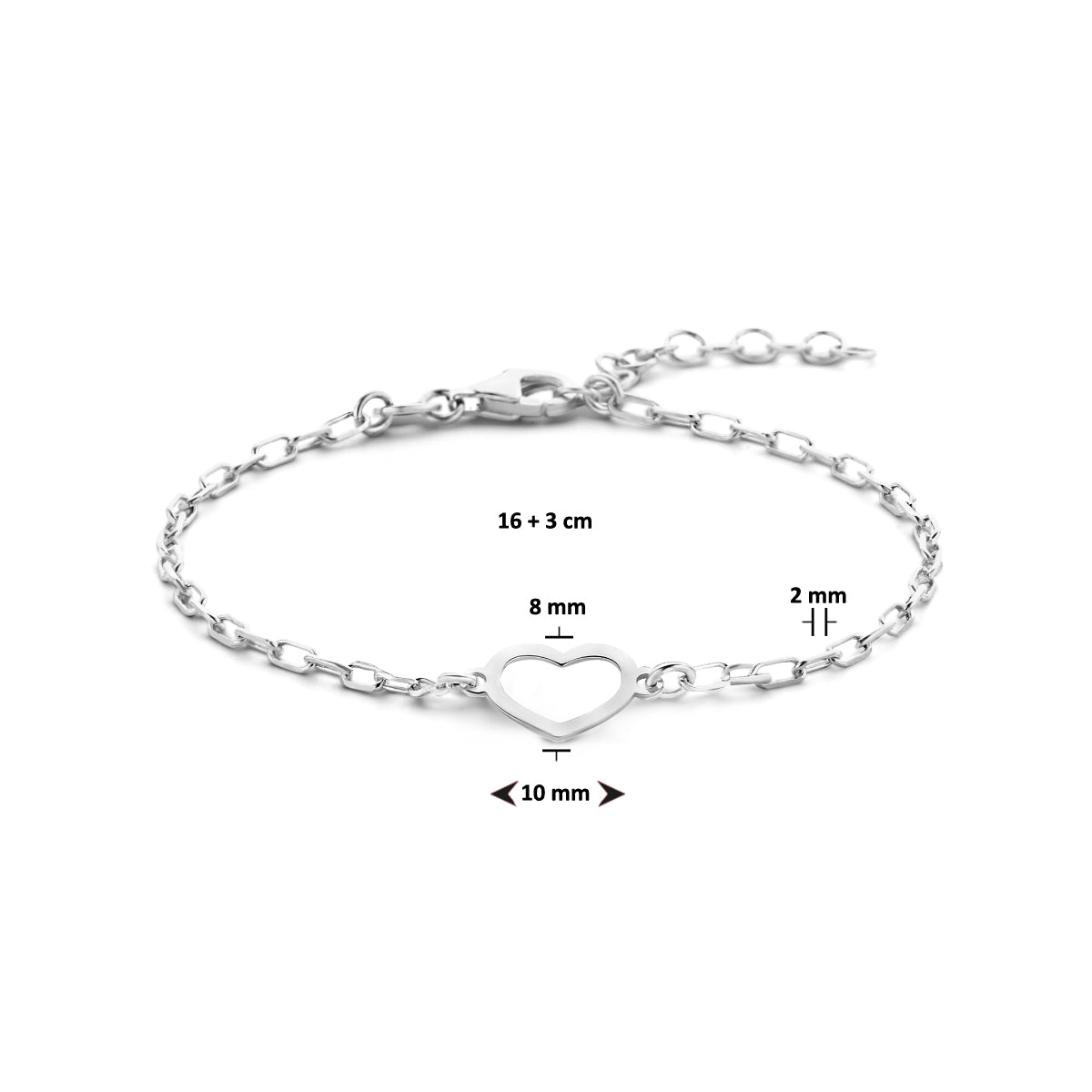 Zilveren armband hart 8mm | 16-19cm