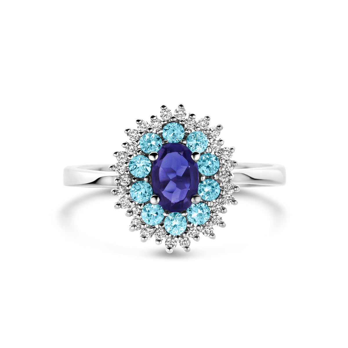 14krt witgouden ring met ioliet, blauw topaas en diamant 0,15ct GSI