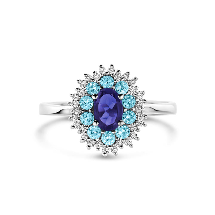 14krt witgouden ring met ioliet, blauw topaas en diamant 0,15ct GSI