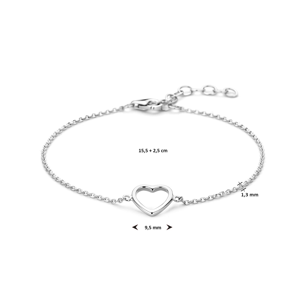 Zilveren armband open hart 9,5x9,5mm | 15,5-18cm