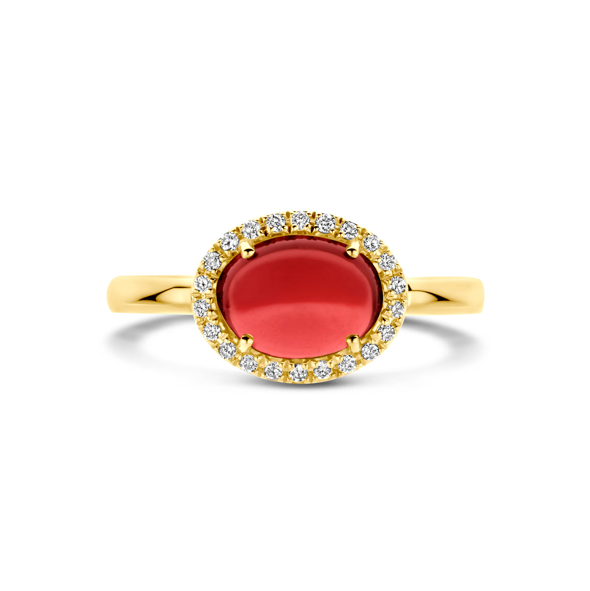 14kt geelgouden ring met granaat en diamant 0.09ct HSI | mt 18,5