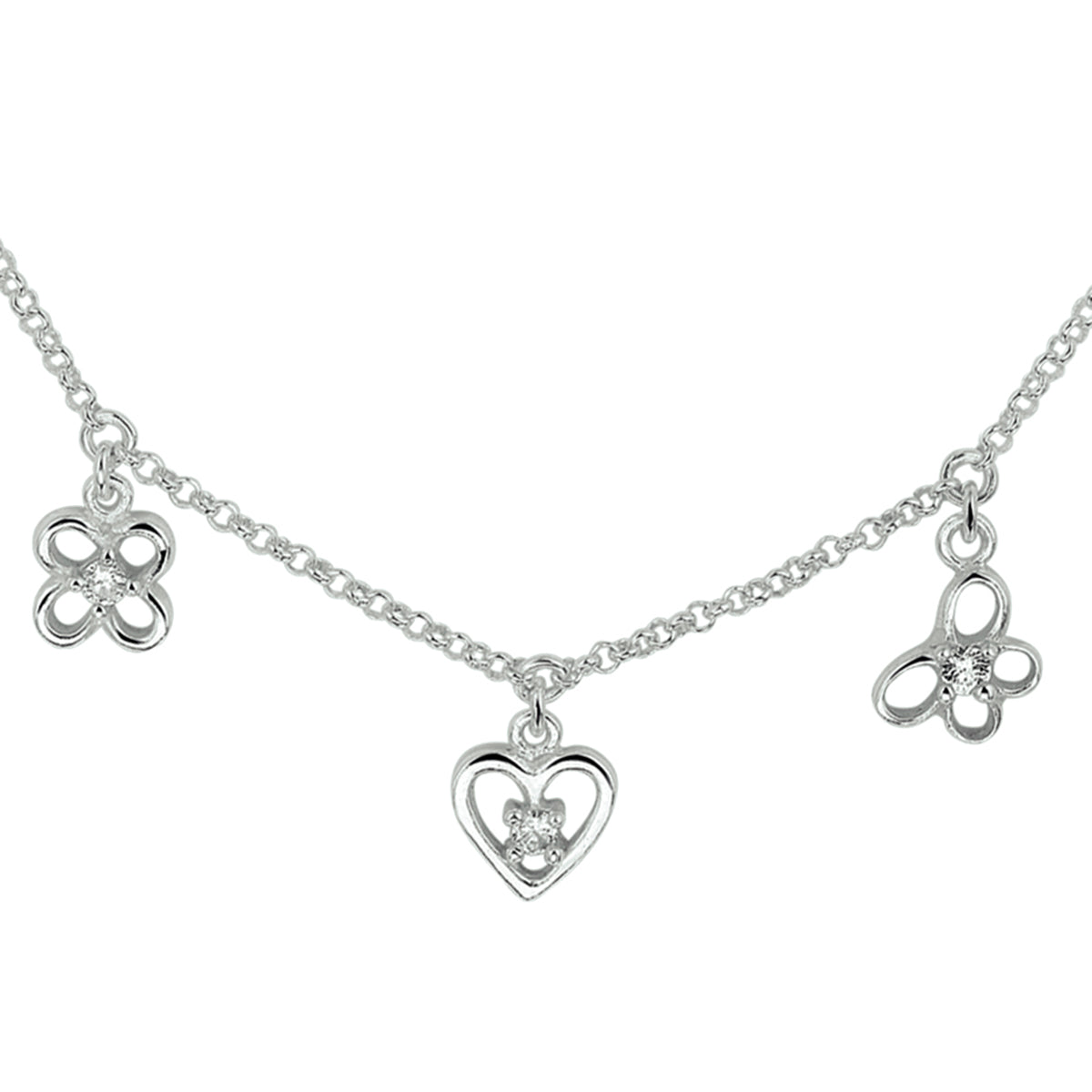 Zilveren collier zirkonia bloem, hart en vlinder | 36+2cm
