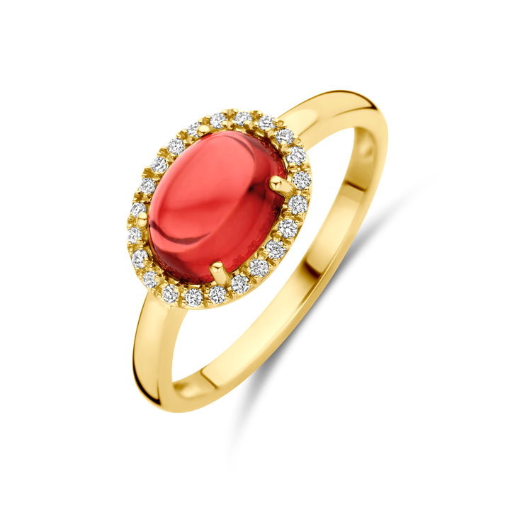 14kt geelgouden ring met granaat en diamant 0.09ct HSI | mt 18,5