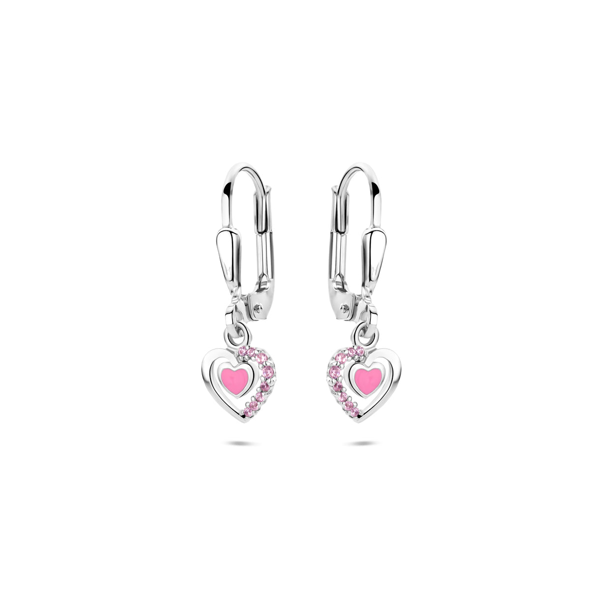 Zilveren oorhangers kind met roze emaille hart en zirkonia | 21 mm