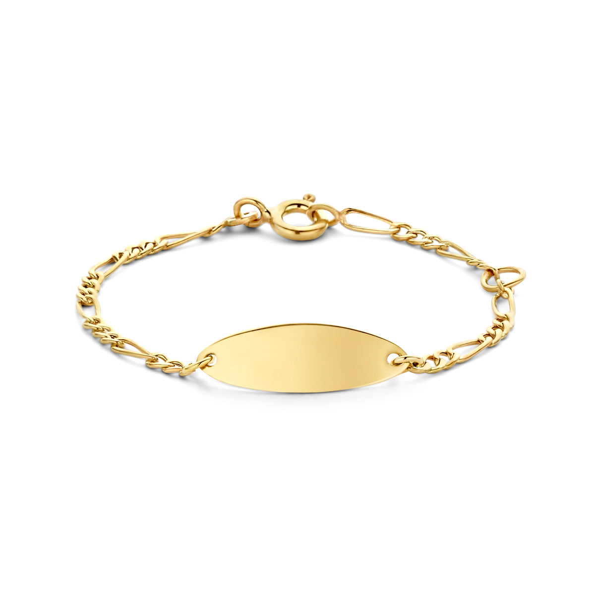 9krt geelgouden graveerarmband figaro plaat 6mm | 11-13cm