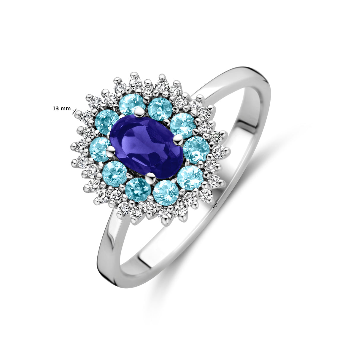 14krt witgouden ring met ioliet, blauw topaas en diamant 0,15ct GSI
