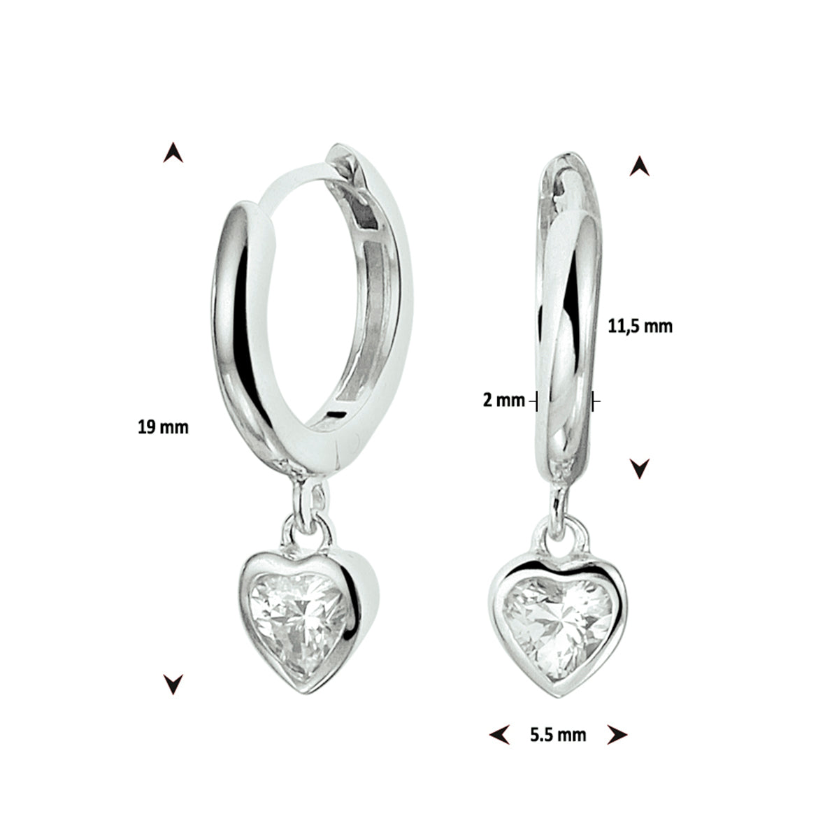 Zilveren klapoorringen met een zirkonia hartje | 11,5x2mm