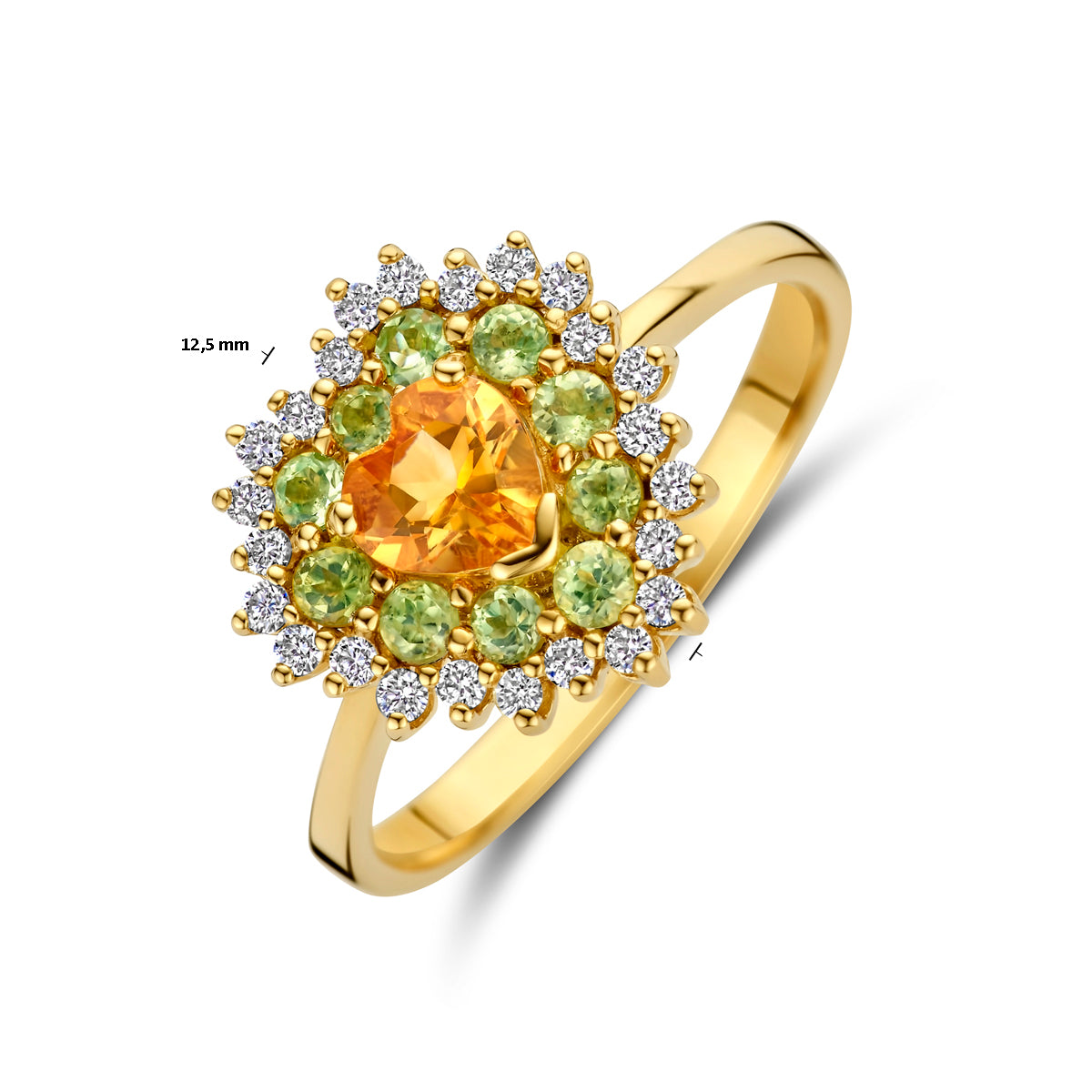 14krt geelgouden ring hart met citrien, peridoot en diamant 0,19ct GSI