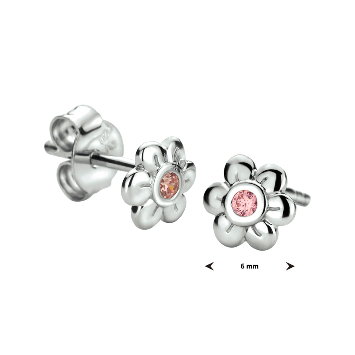 Zilveren oorknoppen bloem met roze zirkonia 6mm