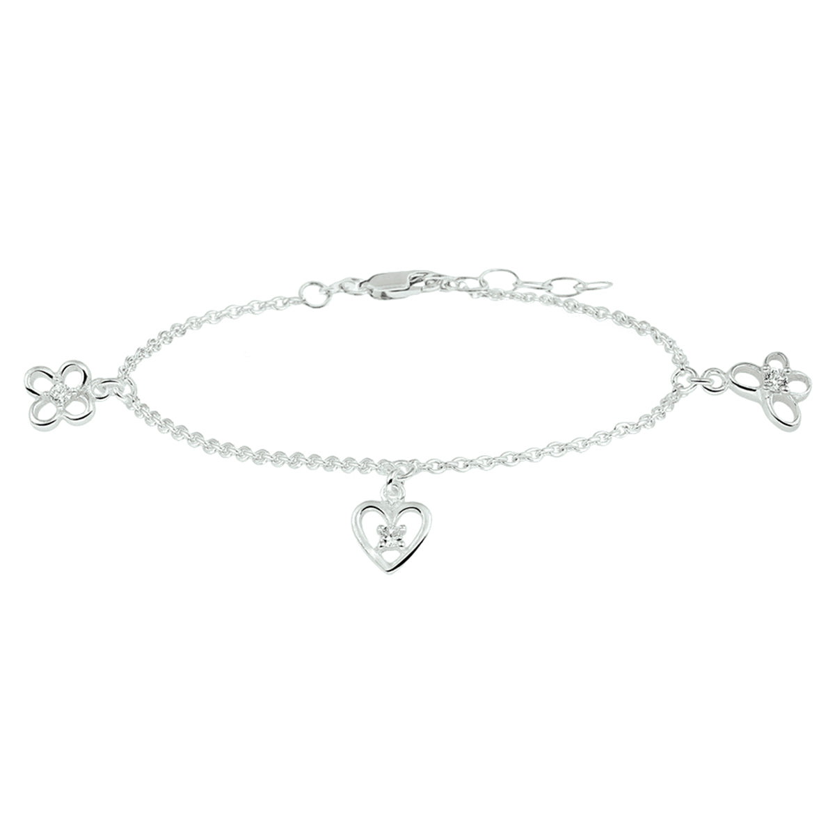 Zilveren armband zirkonia bloem, hart en vlinder | 13+2cm