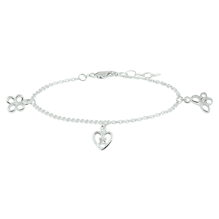 Zilveren armband zirkonia bloem, hart en vlinder | 13+2cm