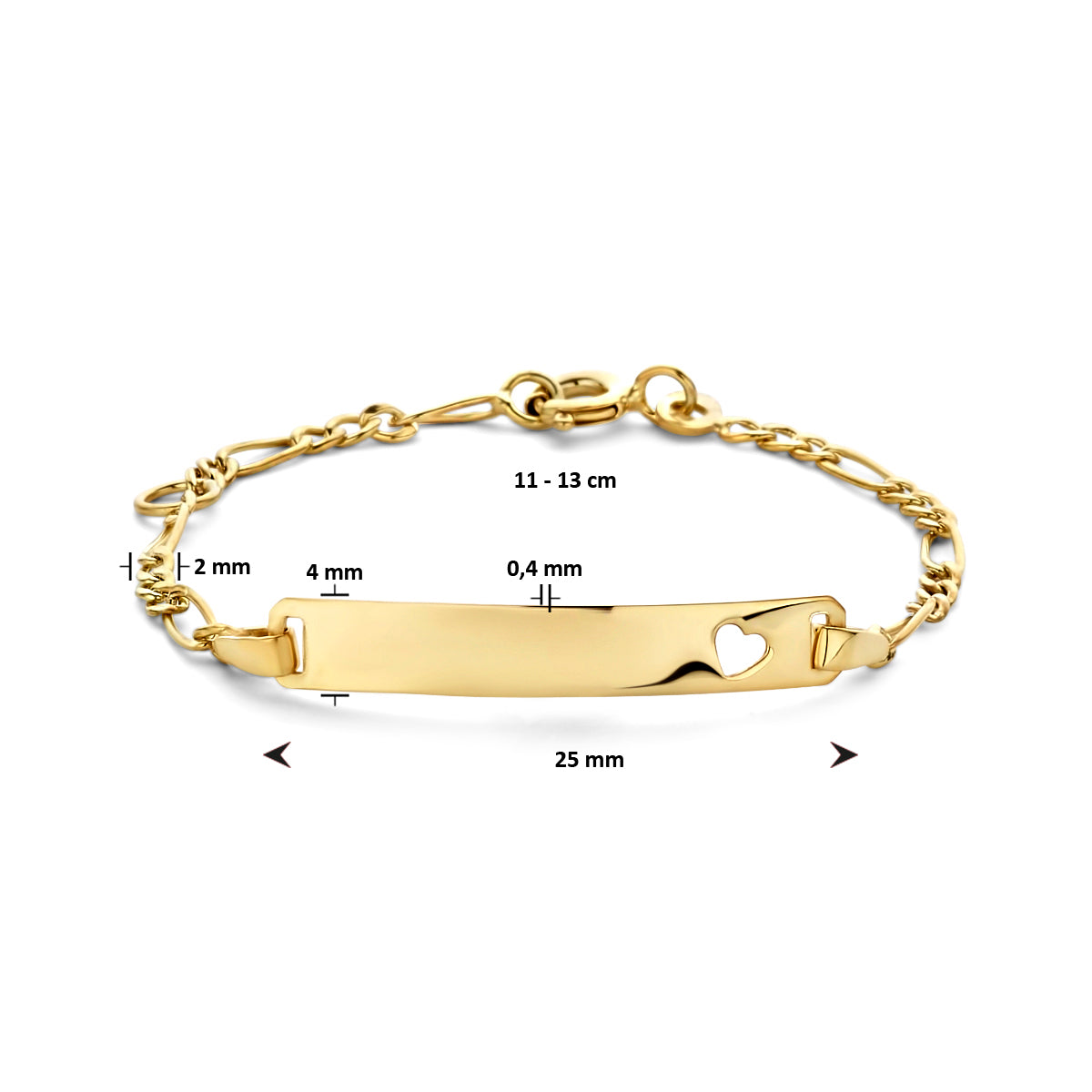 9krt geelgouden graveerarmband figaro hart plaat 4mm | 11-13cm