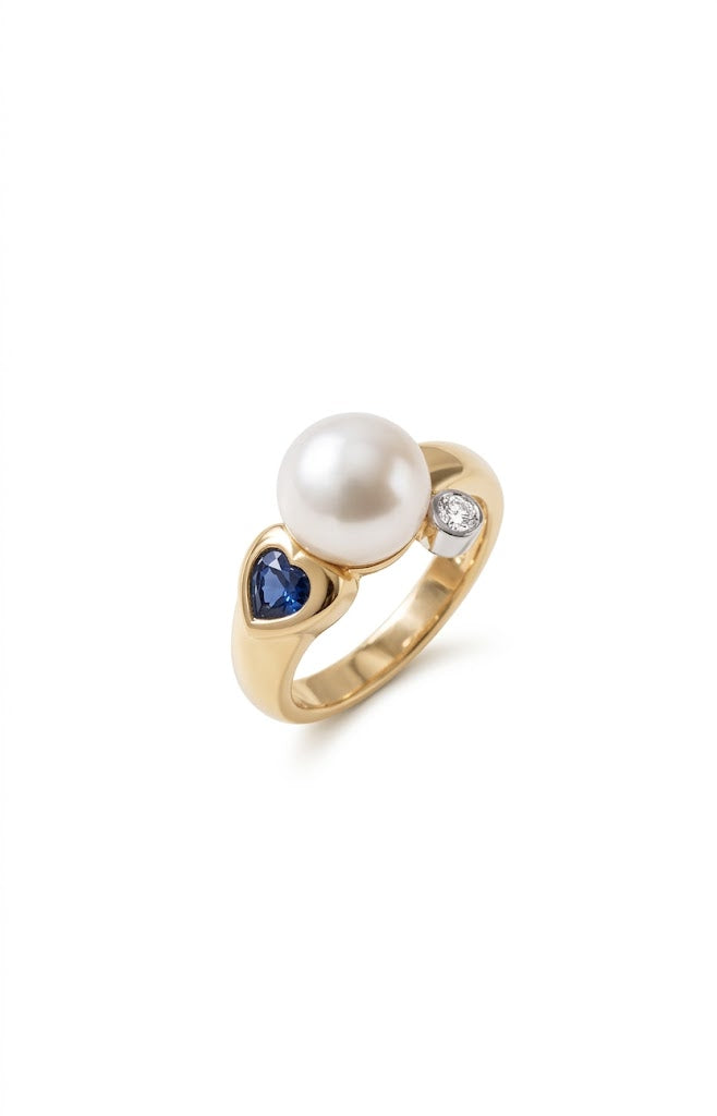 14krt geelgouden ring met zoetwaterparel, blauw saffier en diamant 0.04ct HSI| mt 54