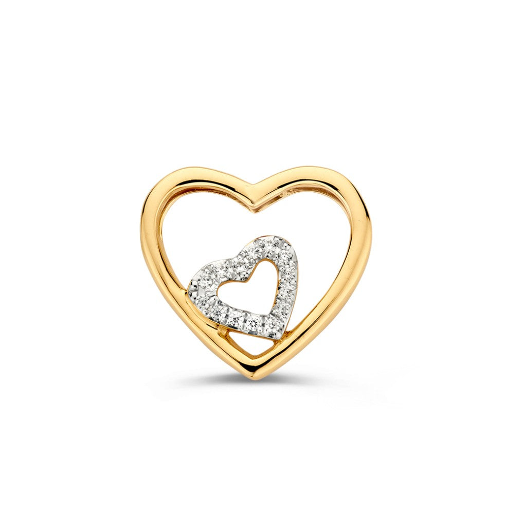 14krt geelgouden hanger dubbelhart zirkonia 15mm