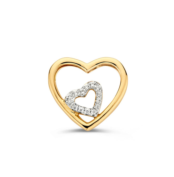 14krt geelgouden hanger dubbelhart zirkonia 15mm