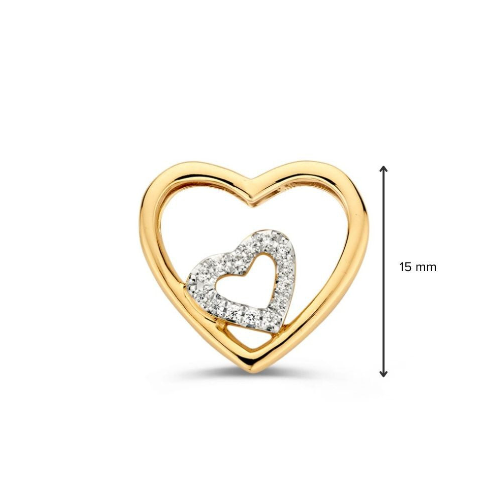 14krt geelgouden hanger dubbelhart zirkonia 15mm