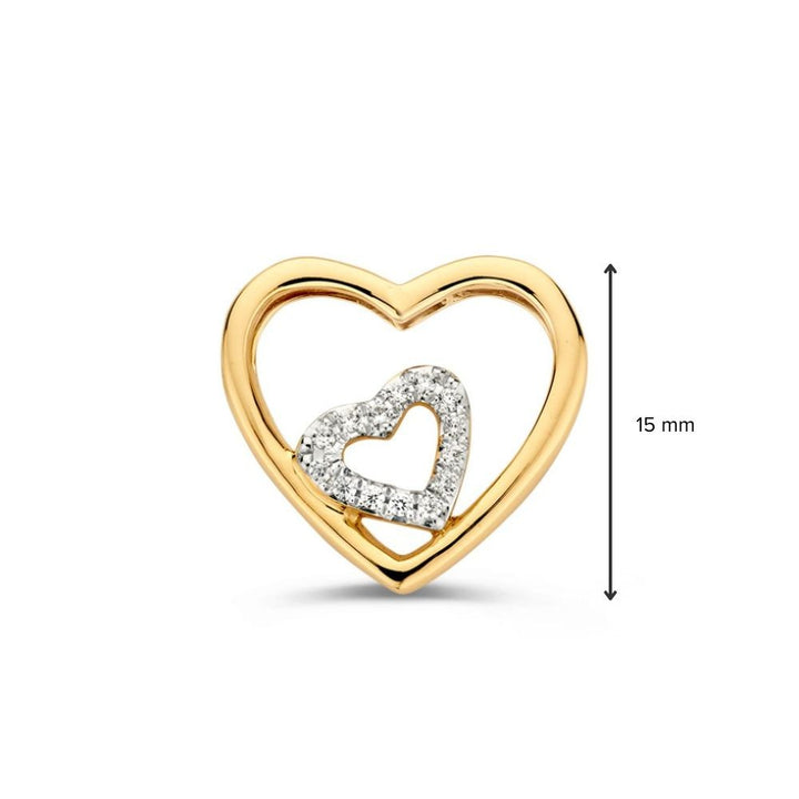 14krt geelgouden hanger dubbelhart zirkonia 15mm