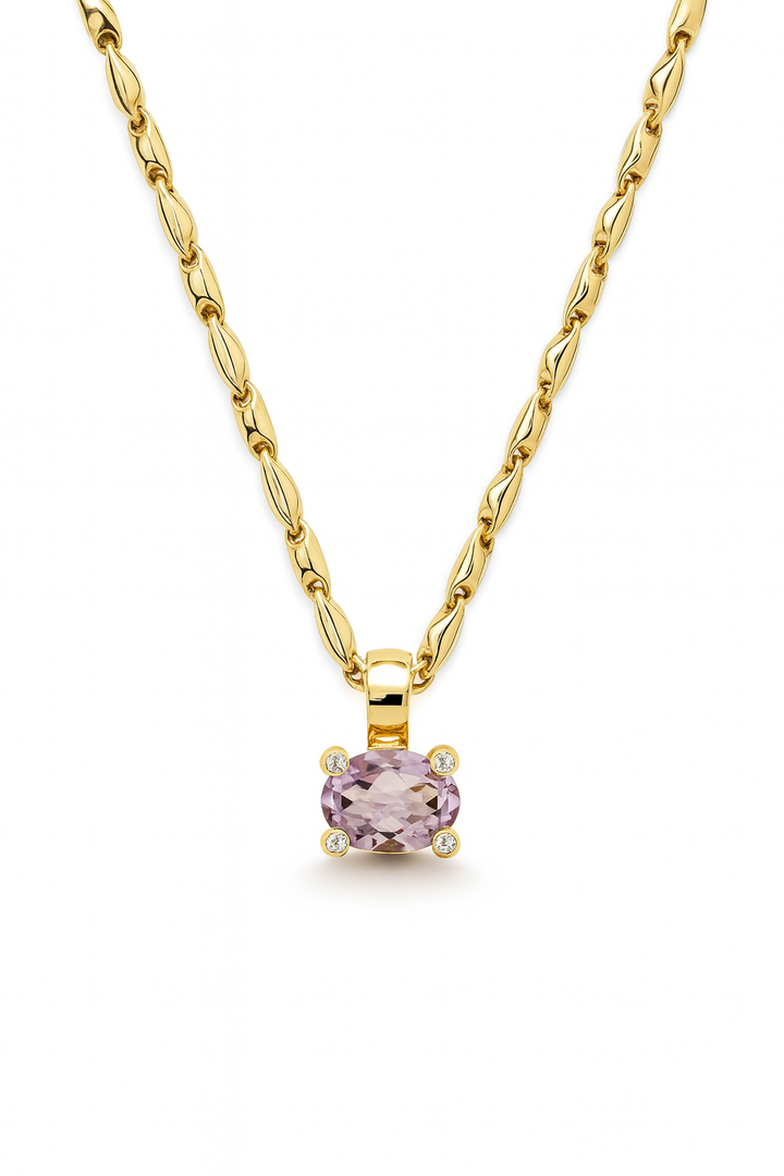 14krt geelgouden hanger met 4-0.04ct briljant en Rose de France| 10x8mm