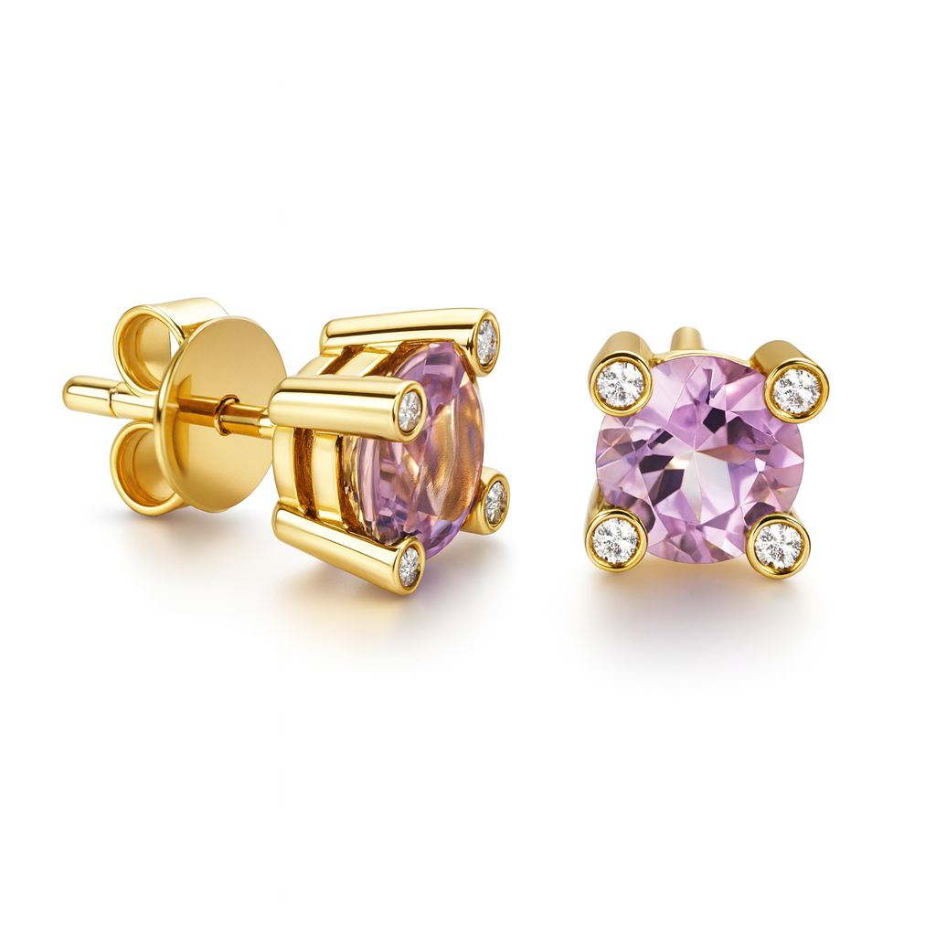 14krt geelgouden oorstekers met briljant 8-0.08ct en Rose de France| 8x8mm