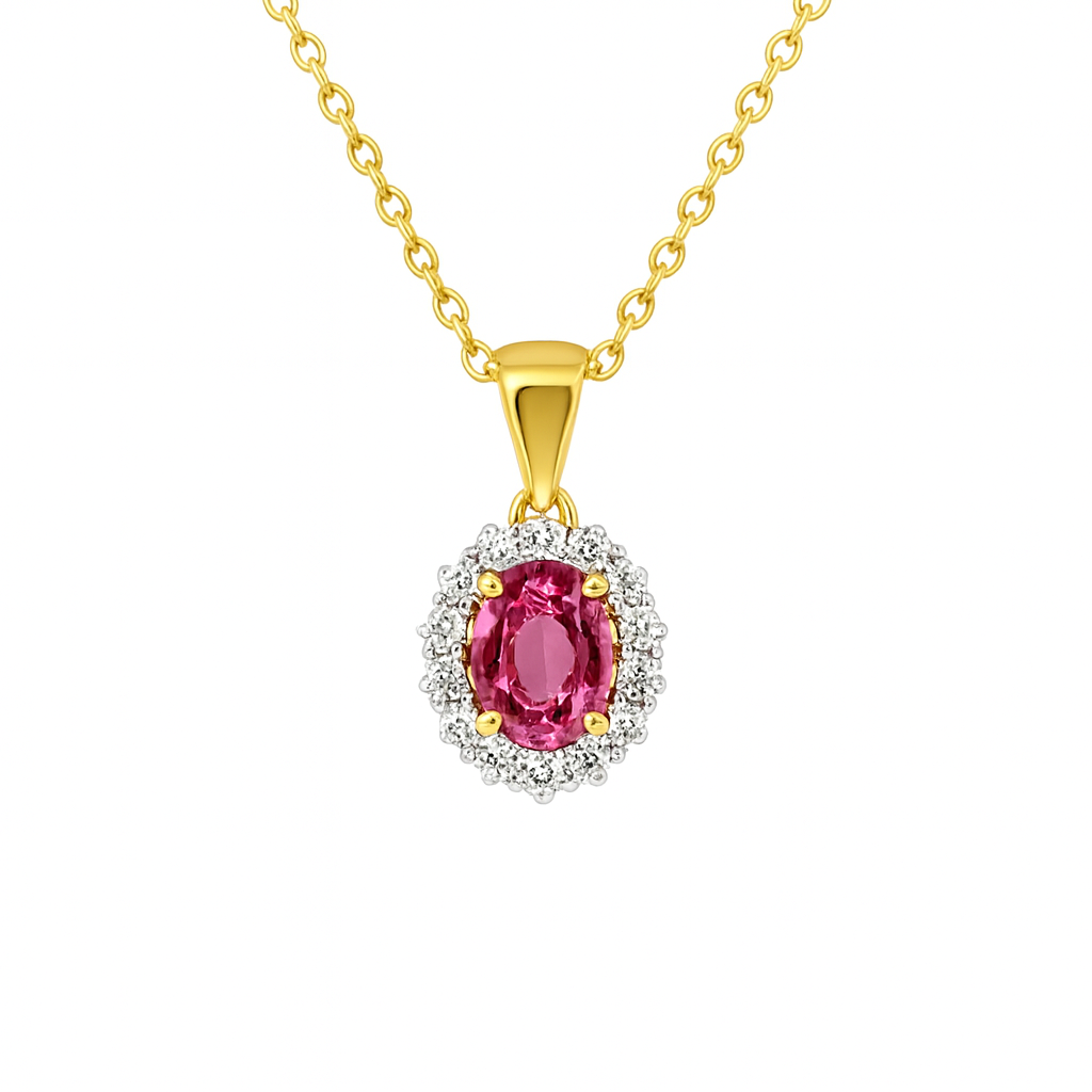 14krt geelgouden collier met 0.19 roze saffier en 16-0.07ct HSI briljant | 43-44-45cm