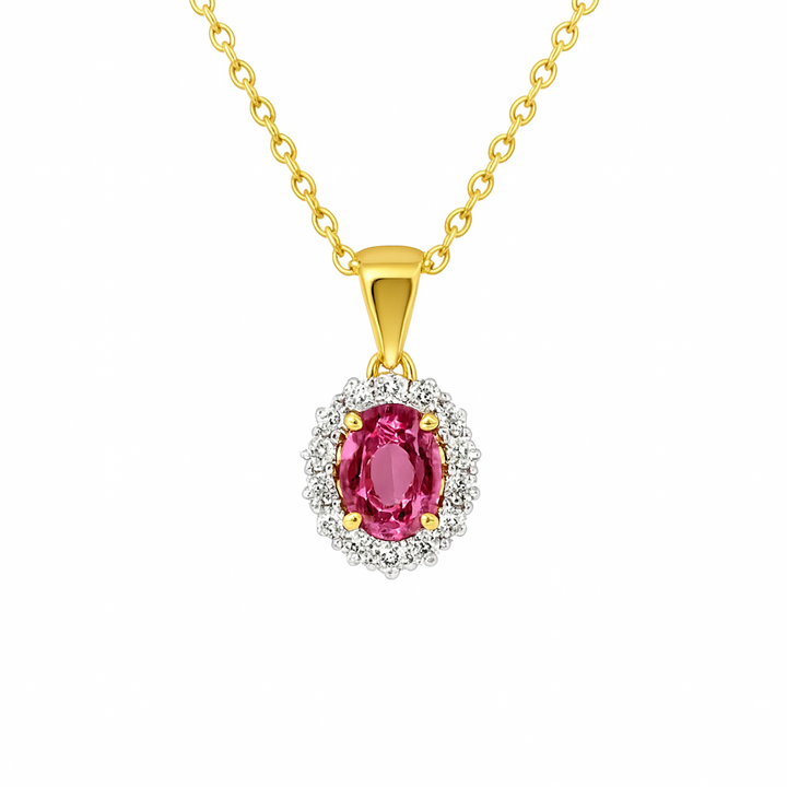 14krt geelgouden collier met 0.19 roze saffier en 16-0.07ct HSI briljant | 43-44-45cm