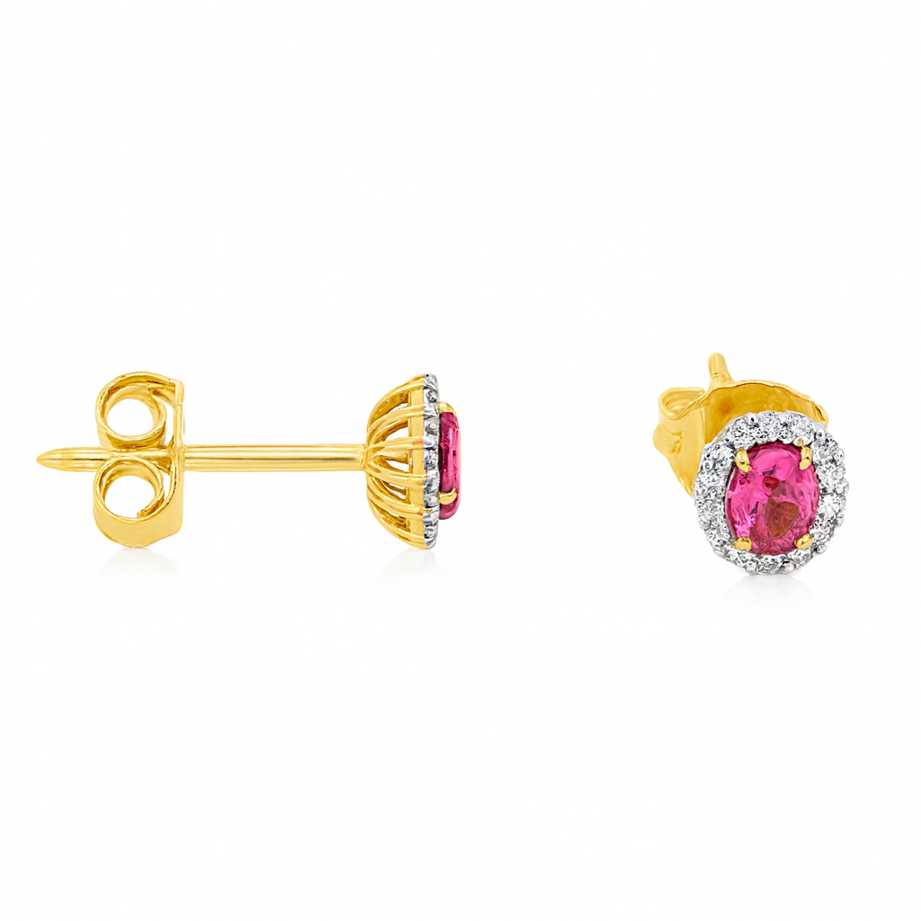14krt geelgouden oorstekers met 2-0.34 roze saffier en 28-0.11ct HSI briljant