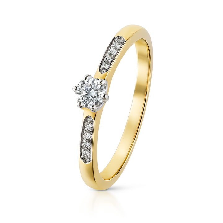 14krt geelgouden ring met briljant 1-0.15 / 10-0.05ct HSI