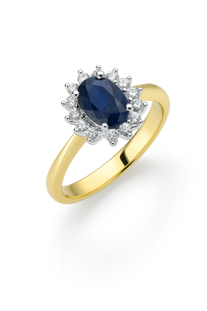 14krt geelgouden ring met blauw saffier en briljant 0.20ct HSI | 5x7mm