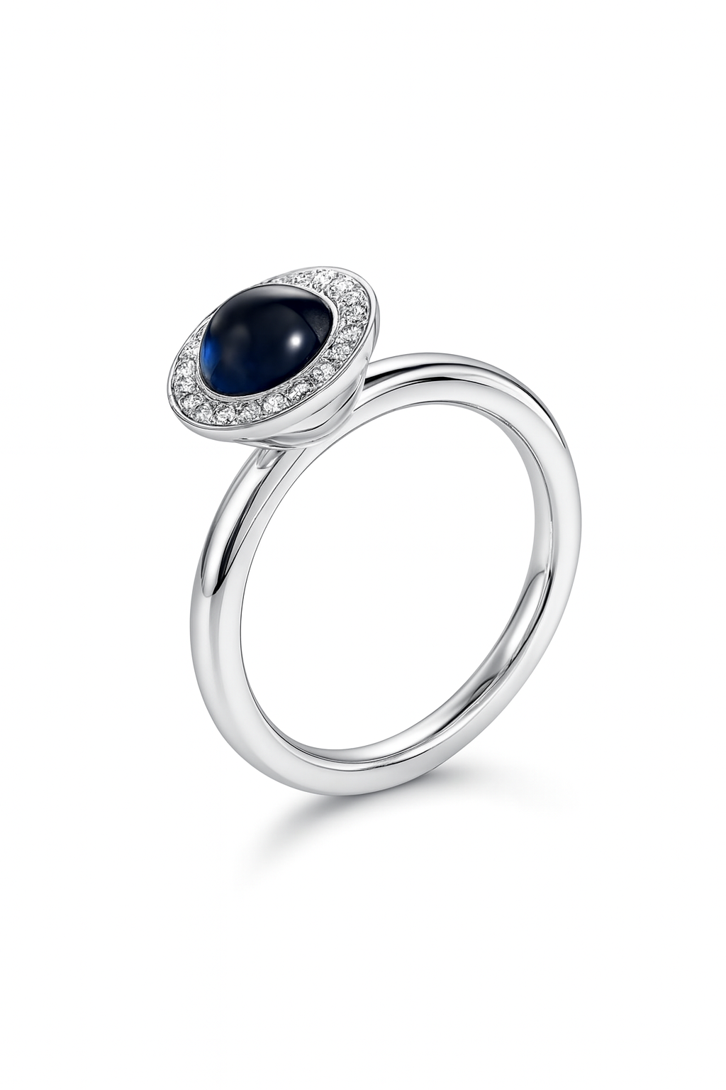 14krt witgouden ring met cabochon geslepen blauw saffier en 0.15ct diamant