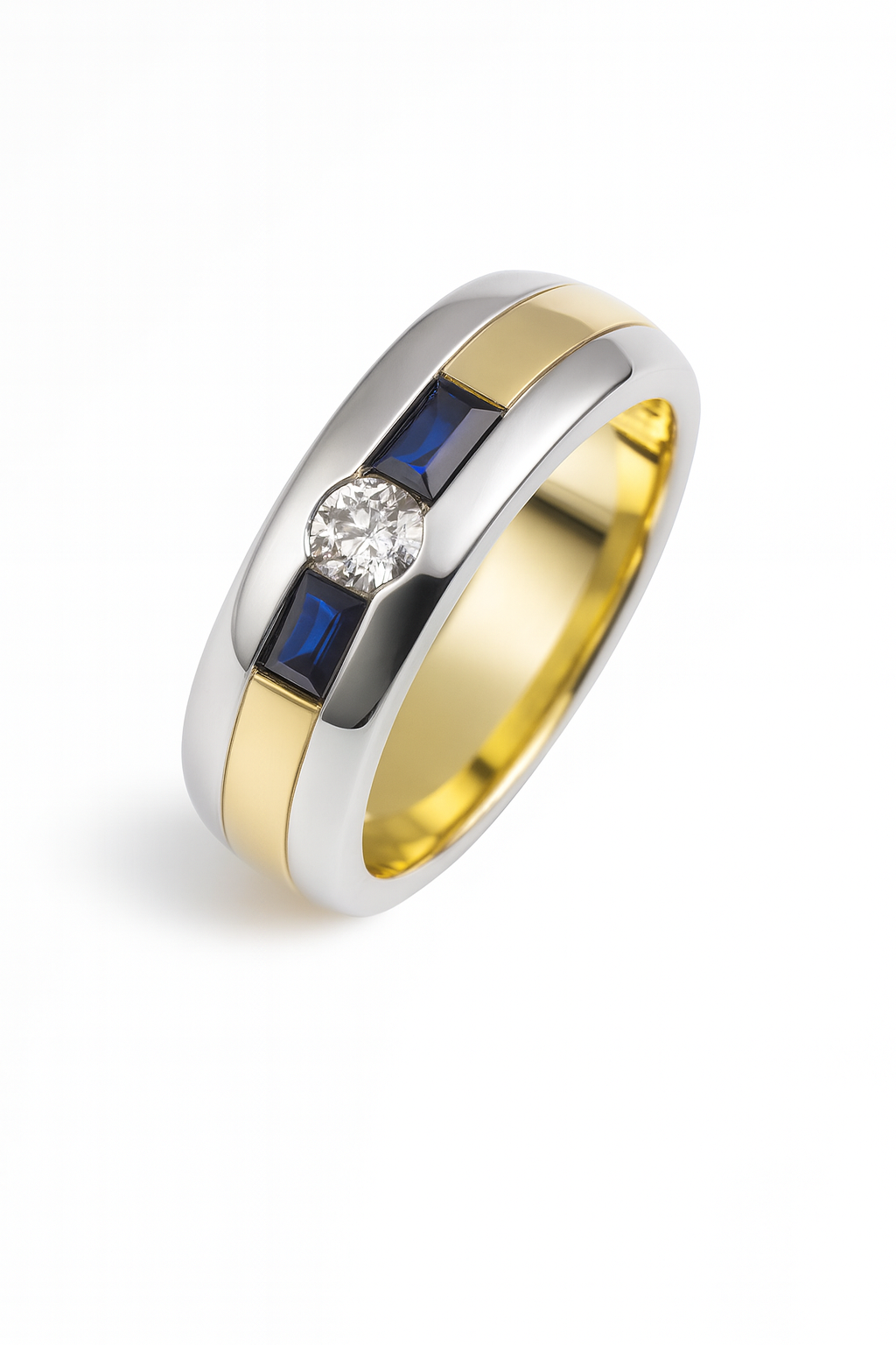 14krt bicolor gouden ring met briljant 0.15ct HSI en blauw saffier