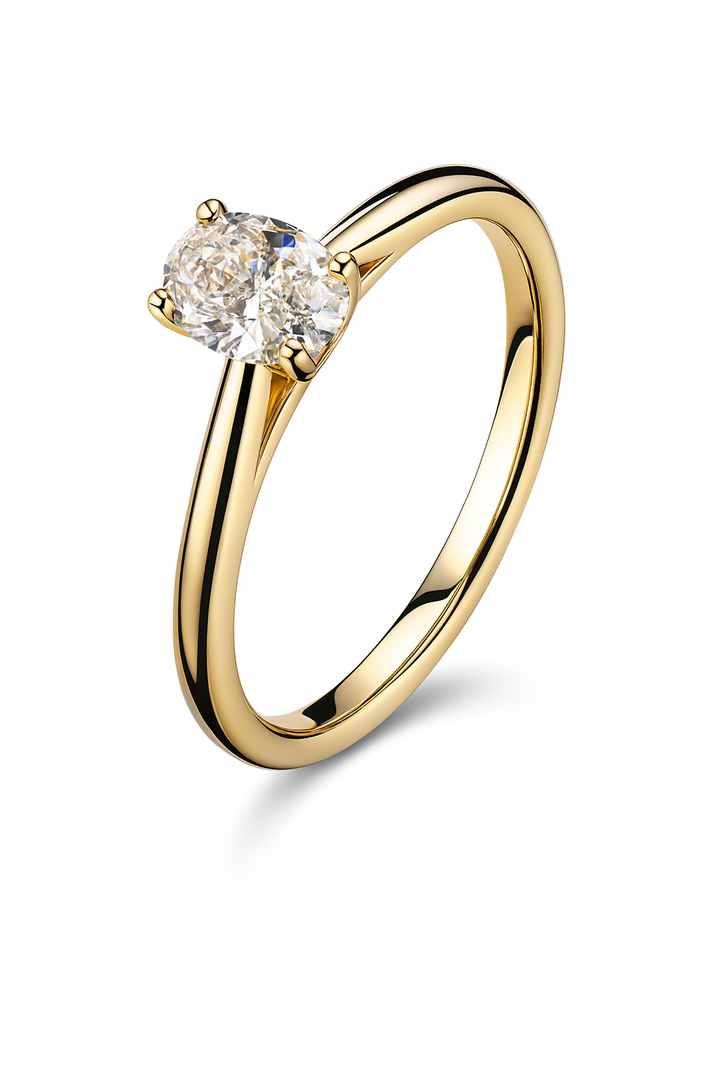 14krt geelgouden ring met briljant 0.50ct DVS1 ovaal & 10-0.05ct GSI | GIA Certificaat