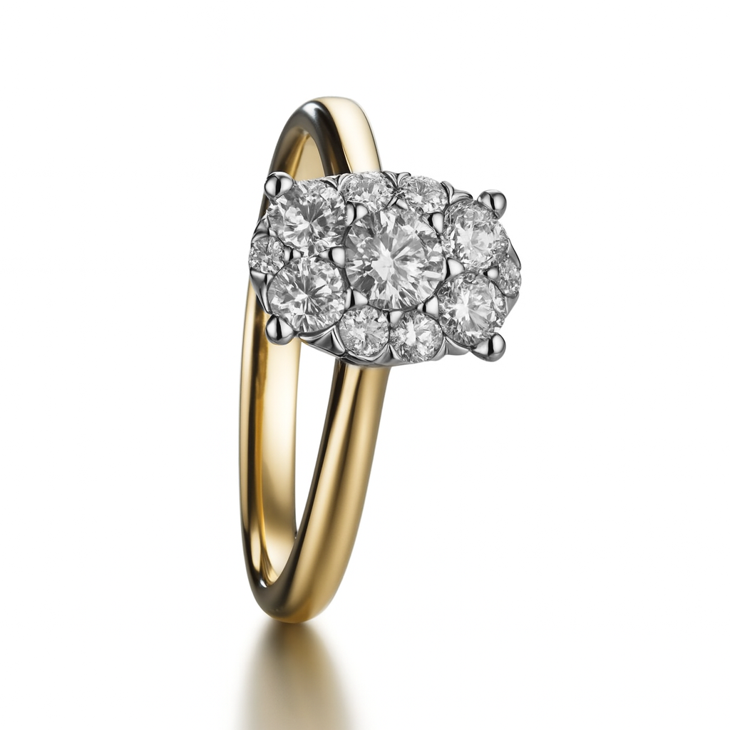 14krt Bicolor gouden ring met diamant 1-0.11ct &  10-0.22ct HSI
