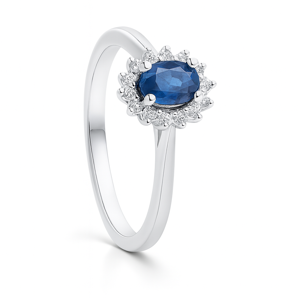 14krt witgouden ring met blauw saffier en briljant 0.08ct HSI | 5x4mm