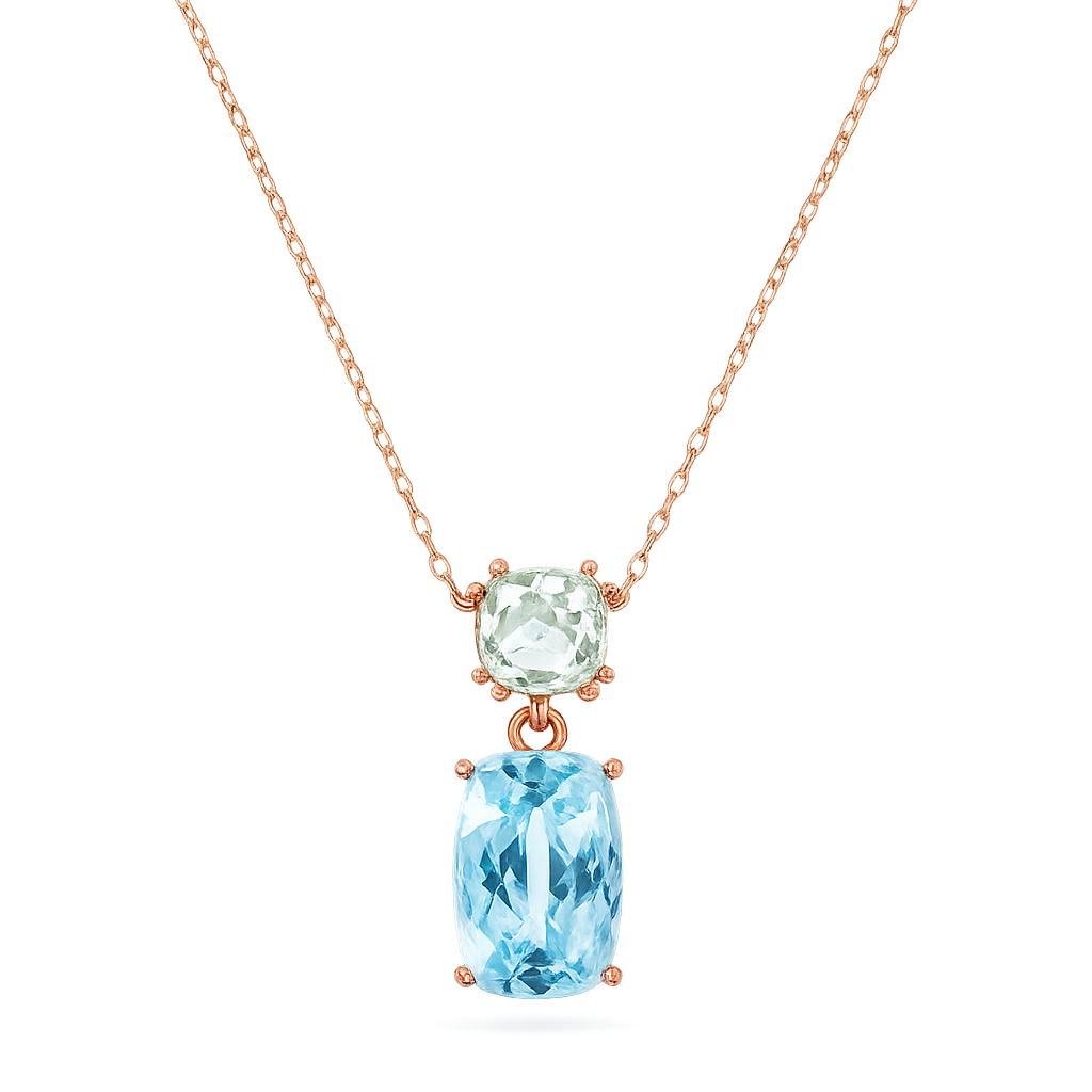 9krt roségouden collier met groene amethyst en blauw topaas | 45cm